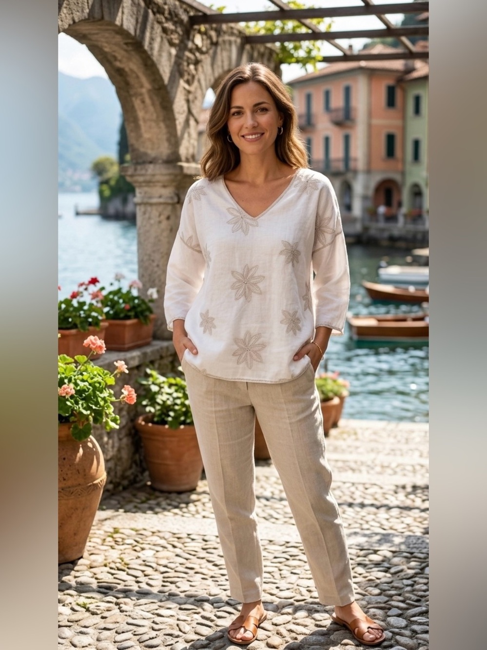 Lacomy Italy Embroidered Cotton Top | White 3/4 Sleeve Floral Tunic‎ | Boho Chic